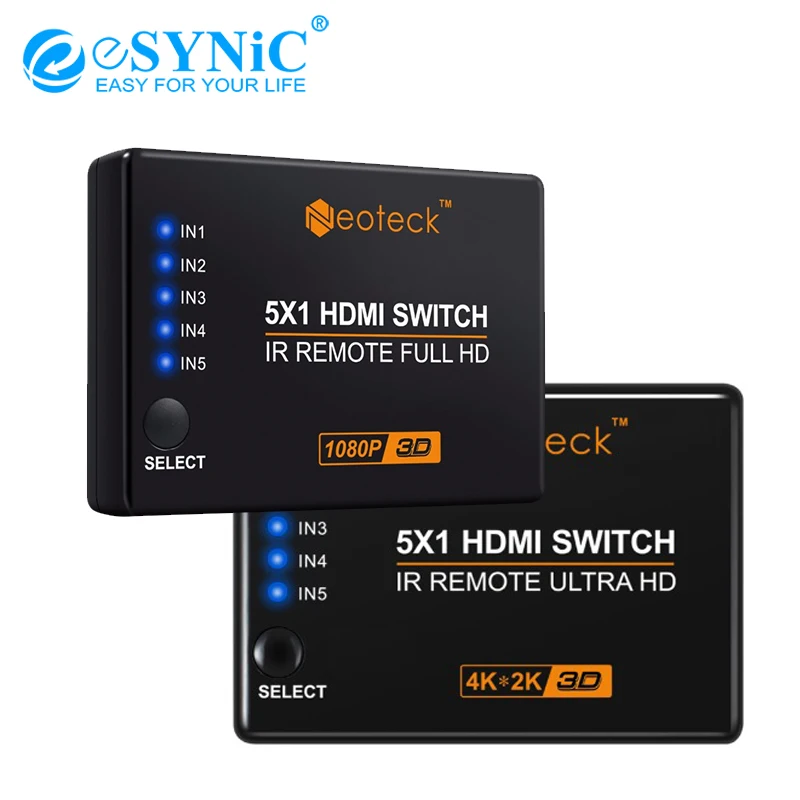 

eSYNiC 4K 1080P 5 Port HDMI Switcher With USB Power Cable+IR Remote 5 Input 1 Output 3D 1.4/1.3 HDMI Splitter DVD HDTV Switcher