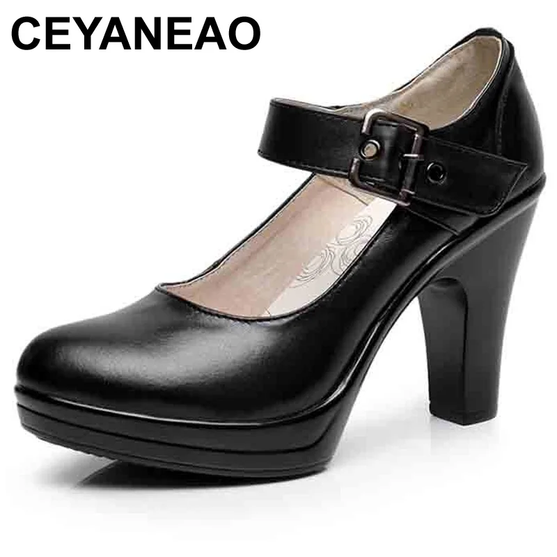 

CEYANEAO 2019 Spring Autumn Round Toe Ankle Strap Pumps Genuine Leather Platform High Heels Work Shoes WomanE1515