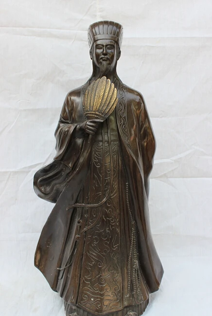 

fast shipping USPS to USA S1669 20" Chinese Bronze Famous Wise Strategist Zhu Ge Liang KongMing Hold Fan Statue