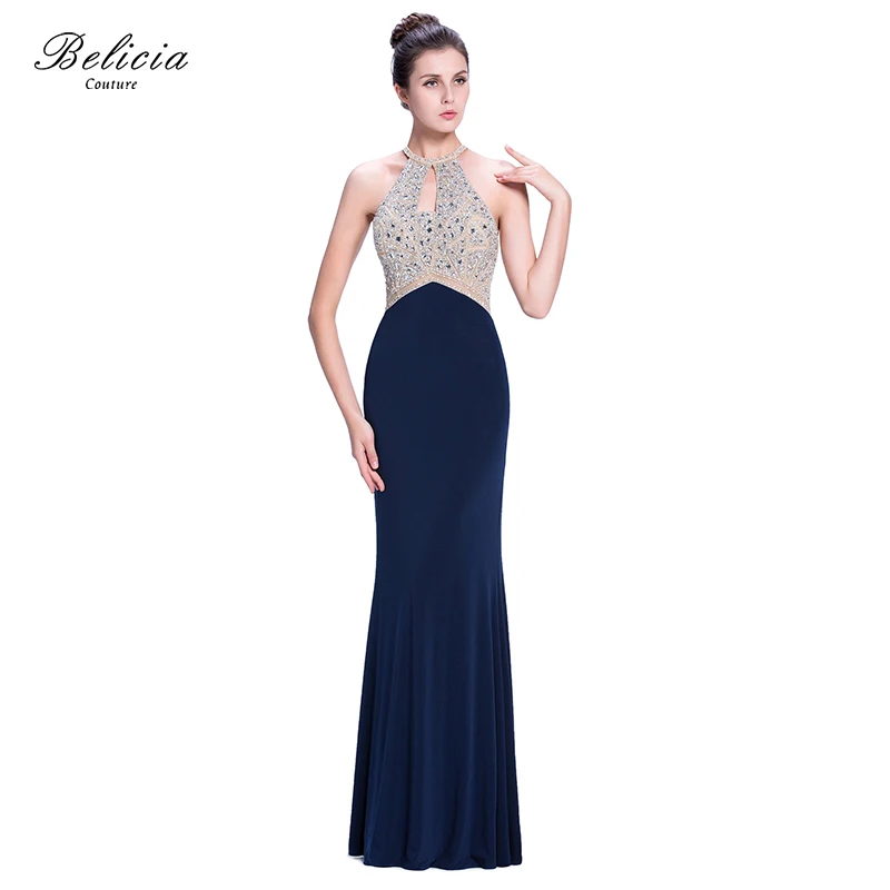 Belicia Couture Women Sleeveless Halter Long Jersey Mermaid Beading Evening Dress Elegant Formal Prom Party Dresses | Свадьбы и