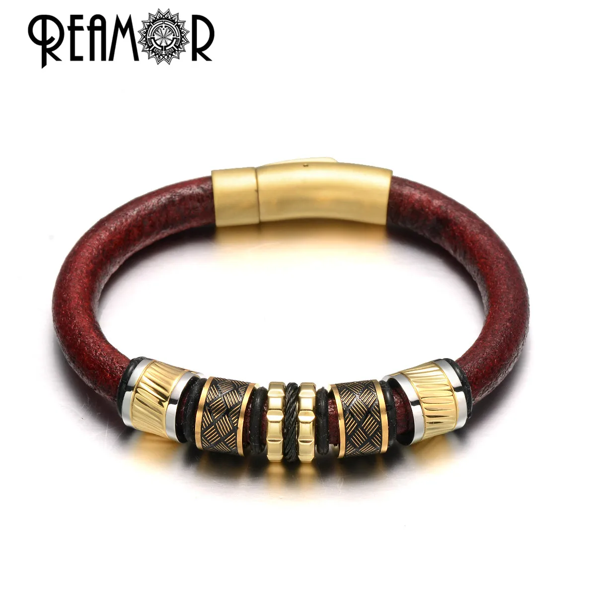 8C068 REAMOR Elegant Red Cowhide Leather Bracelet Black Gold Stainless steel Beads Matte Button Clasp Bracelets Bangles Male Jewelry - Окраска металла: 8C068