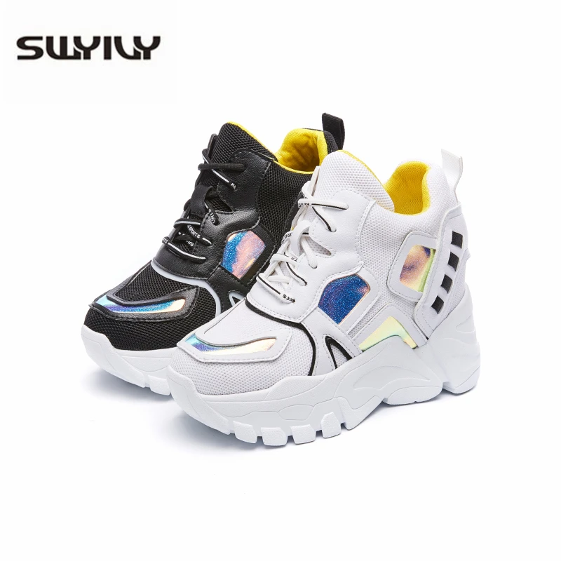 Женские кроссовки SWYIVY на платформе новинка 2019 Осенние белые/черные женские туфли