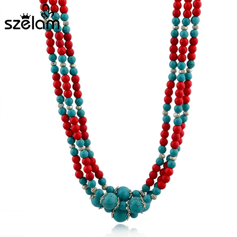 

MELIHE 2019 New Fashion Vintage Necklace For Women European Gorgeous Red Blue Natural Stone Flower Long Necklace SNE140443