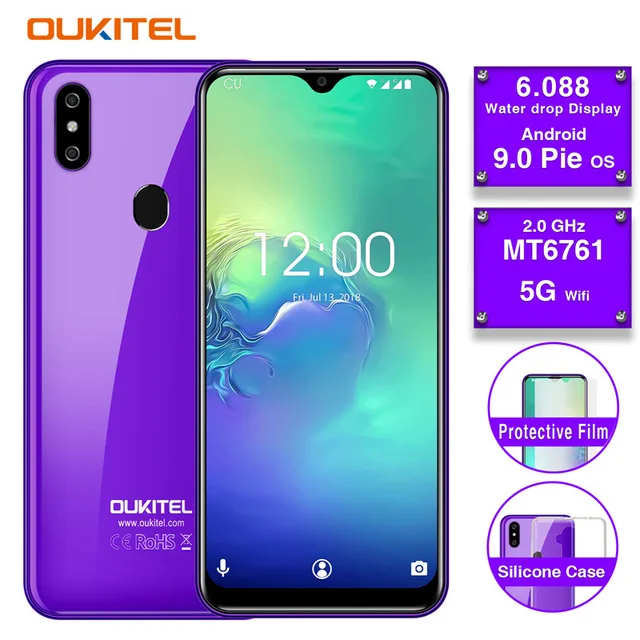 Фиолетовый OUKITEL C15 Pro, экран капли воды, 2 ГБ, 16 ГБ, Android 9,0, мобильный телефон MT6761, отпечаток пальца, распознавание лица, 2,4G/5G, WiFi, 4G, LTE, смартфон - Цвет: Фиолетовый