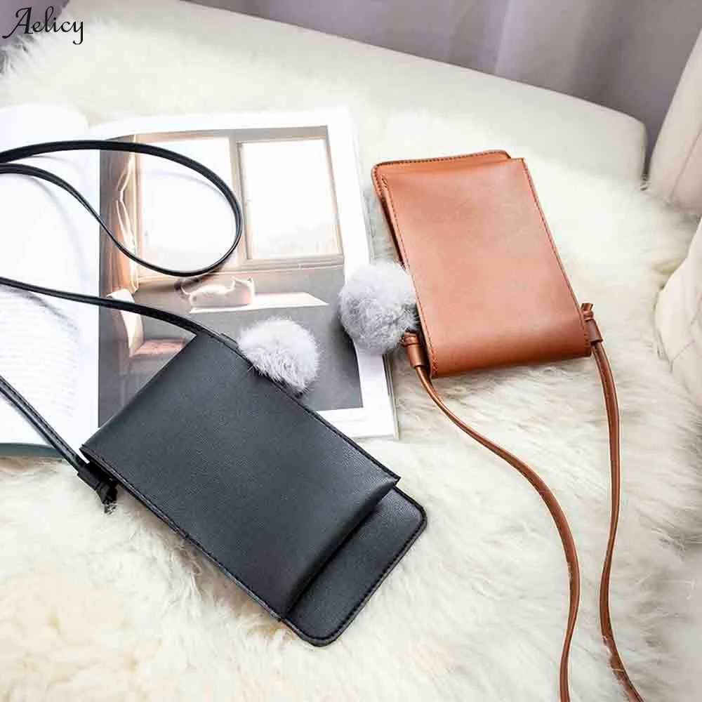 High Quality Coin Purse Solid Color Girl Cell Phone Pocket Women's Vertical Cover Type Hairball Crossbody Bag 2019 | Багаж и сумки