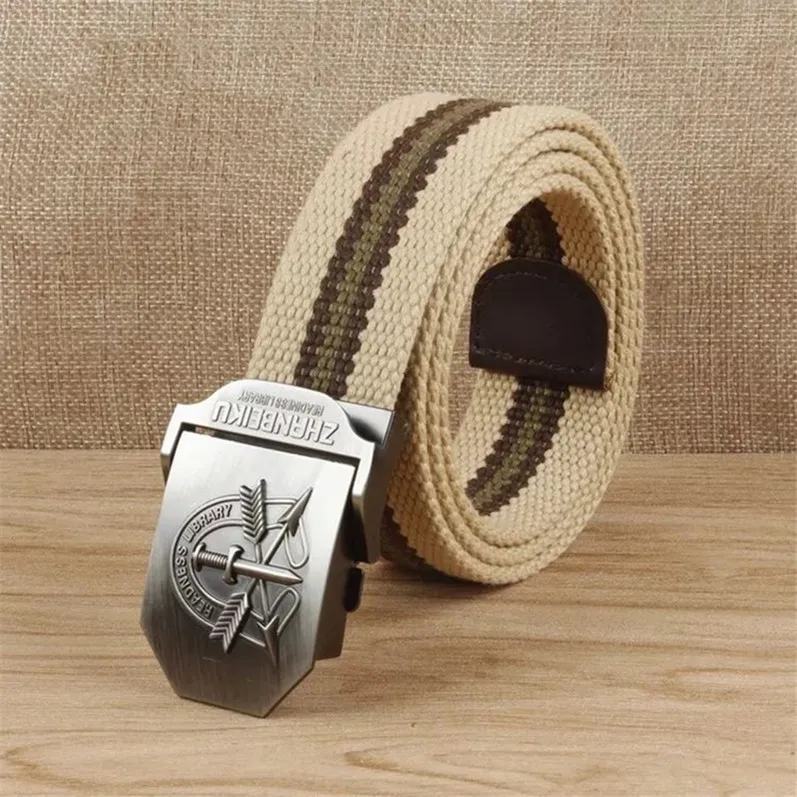 light brown stripe Повседневный модный пояс из парусины с тремя пряжками из сплава, толстый прочный холщовый ремень 4 мм - Цвет: light brown stripe