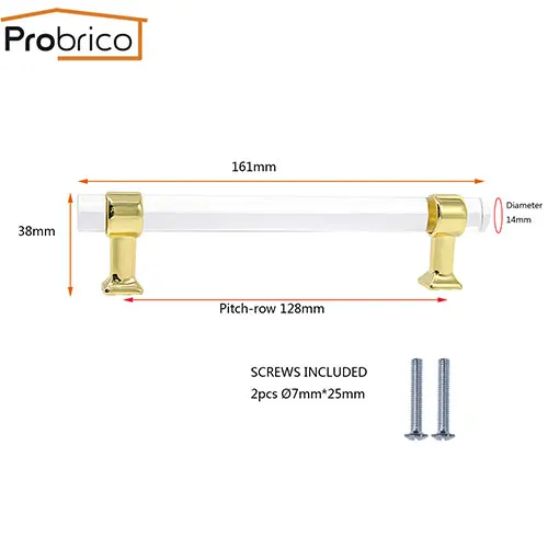 Gold-128mm Probrico, кухонный шкаф, прозрачные ручки, дверные ручки для ящиков, акриловые ручки для шкафа, шкаф для шкафа, тянет для мебельной фурнитуры, 1 шт - Цвет: Gold-128mm
