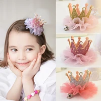 15pcs princess crown tulle flower kids baby girl hair clips pin hairpin hairclip tiara quality barrette birthday gift