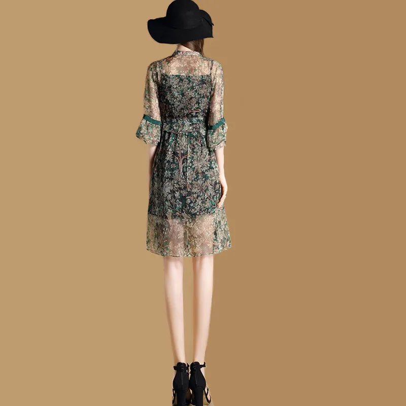 Летнее шелковое свободное платье 2019 женское двойка с имитацией рисунка летнее