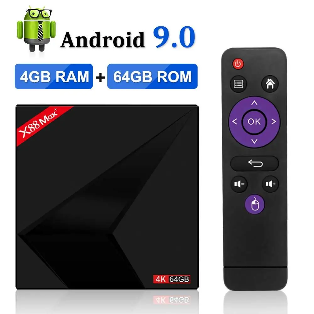 X88 MAX PLUS Android9.0 ТВ-бокс 4 Гб ОЗУ 64 ПЗУ RK3328 четырехъядерный смарт-ТВ-бокс TYPE-C 2 4G/5G