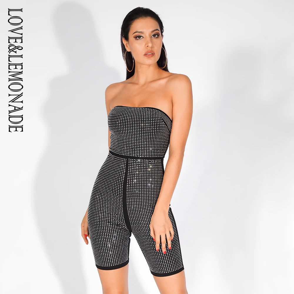 Love& Lemonade сексуальный черный обернутый нагрудный клей для алмазов украшение Bodycon комбинезон LM81563