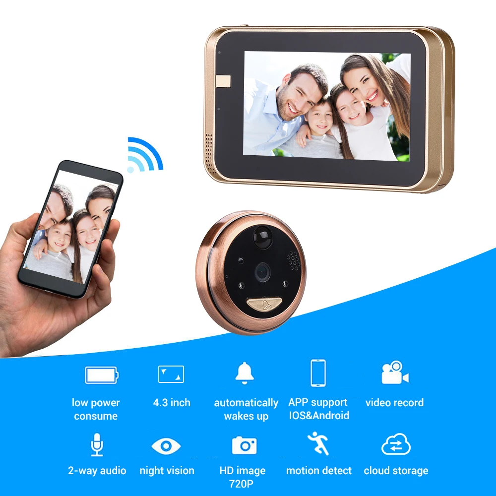 Новый 4 3 &quotглазок WiFi HD720P дверной звонок с камерой домофон приложение