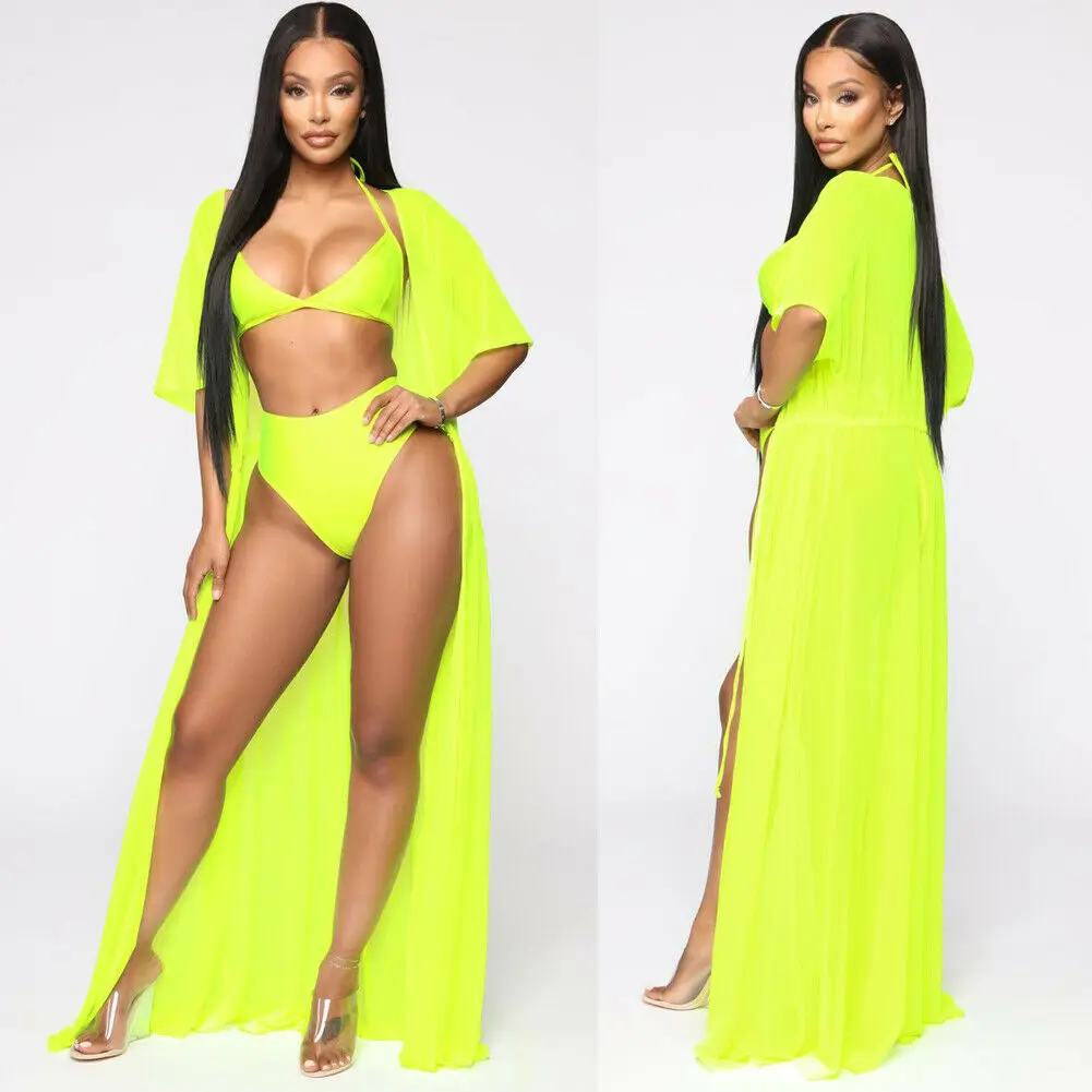 Женское ФЛУОРЕСЦЕНТНОЕ Желтое Бикини с коротким рукавом Длинная накидка