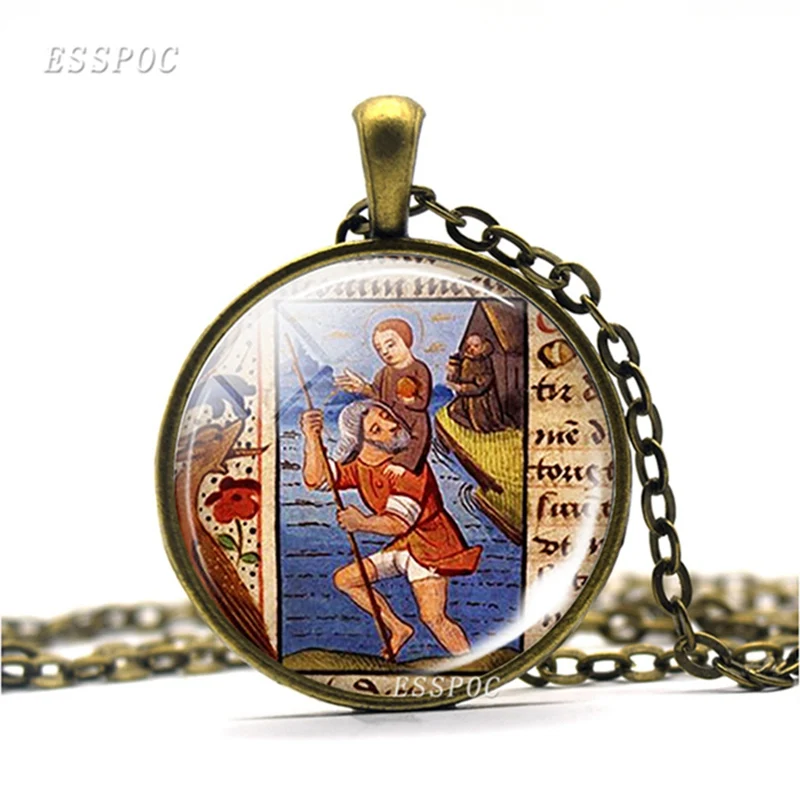 

St Christopher Necklace Saint Glass Cabochon Necklaces Bring Love To Your Life Medal Pendant Jewelry Religious Gift for Friends