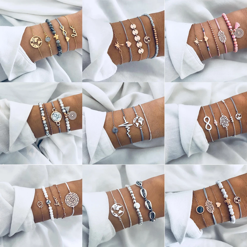 Женские богемные браслеты 32 стиля круглые Многослойные Регулируемые с бантиком