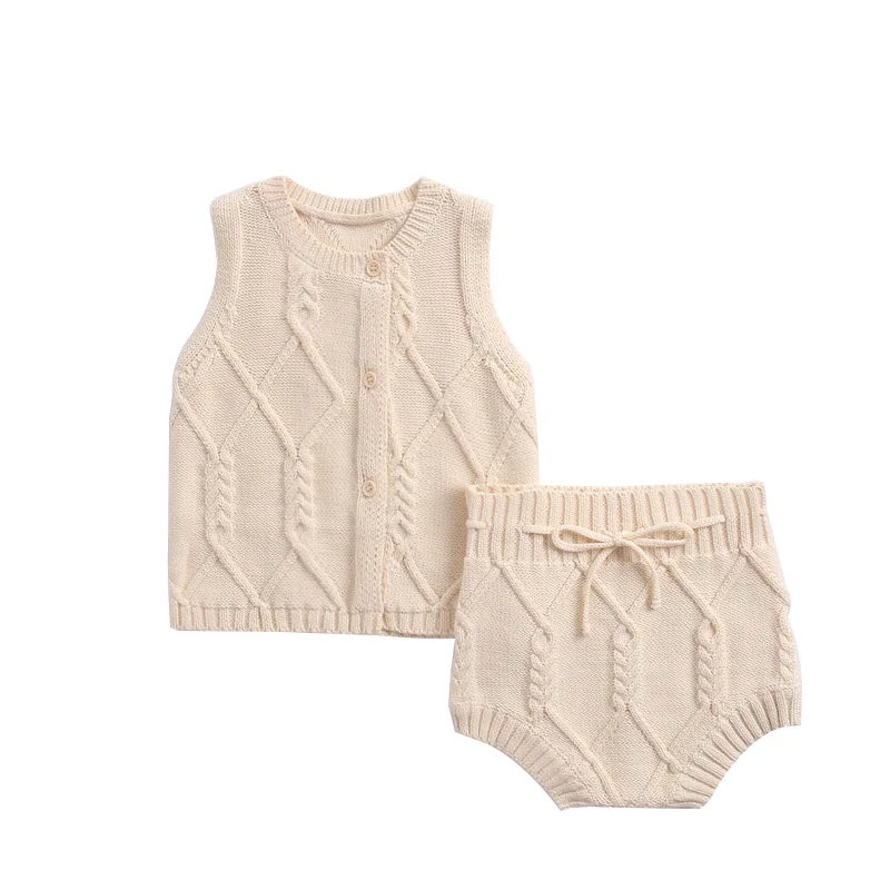 Beige Осенняя одежда для маленьких девочек из 2 предметов Хлопковый вязаный комплект, жилет и шорты костюм для младенцев Одежда для маленьких мальчиков зимняя одежда для маленьких девочек - Цвет: Beige