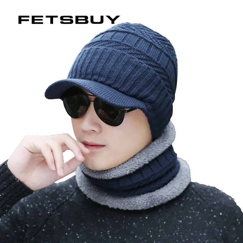[FETSBUY] зимняя вязаная шапка бини для мужчин шарф Skullies вязаные шапочки зимние шапки