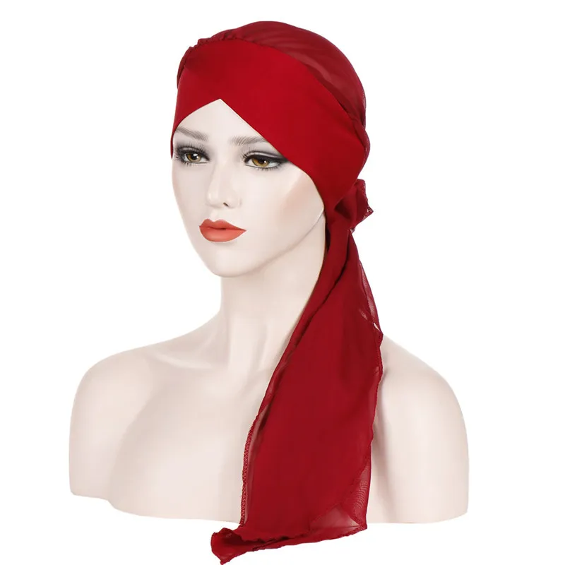 Wine Red Женский мусульманский шелковый хиджаб тюрбан шапка Мода шифон длинный хвост обертывание капот эластичный исламский femme musulman простой цвет платок шляпа - Цвет: Wine Red