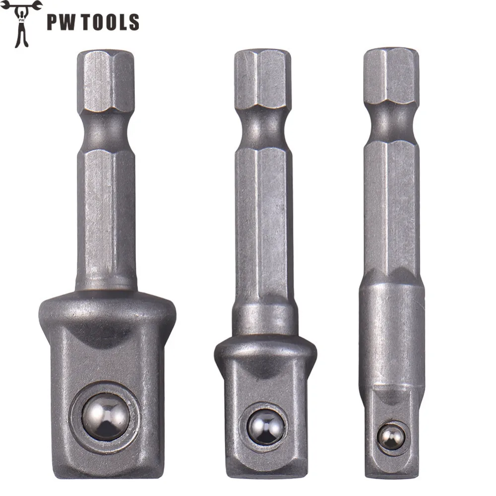 

PW TOOLS 3Pcs/Set Chrome Vanadium Steel Socket Adapter Hex Shank to 1/4" 3/8" 1/2" Extension Drill Bits for Power Tools