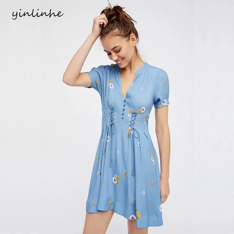 Женское платье с коротким рукавом yinlinhe синее пляжное цветочным принтом и v