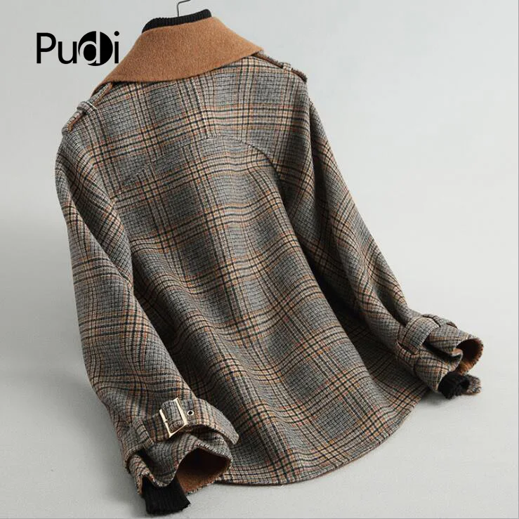PUDI RO18061 Женская Осенняя зимняя новая короткая Клетчатая Шерстяная Куртка с поясом и карманом дамское длинное стильное пальто с карманами для отдыха
