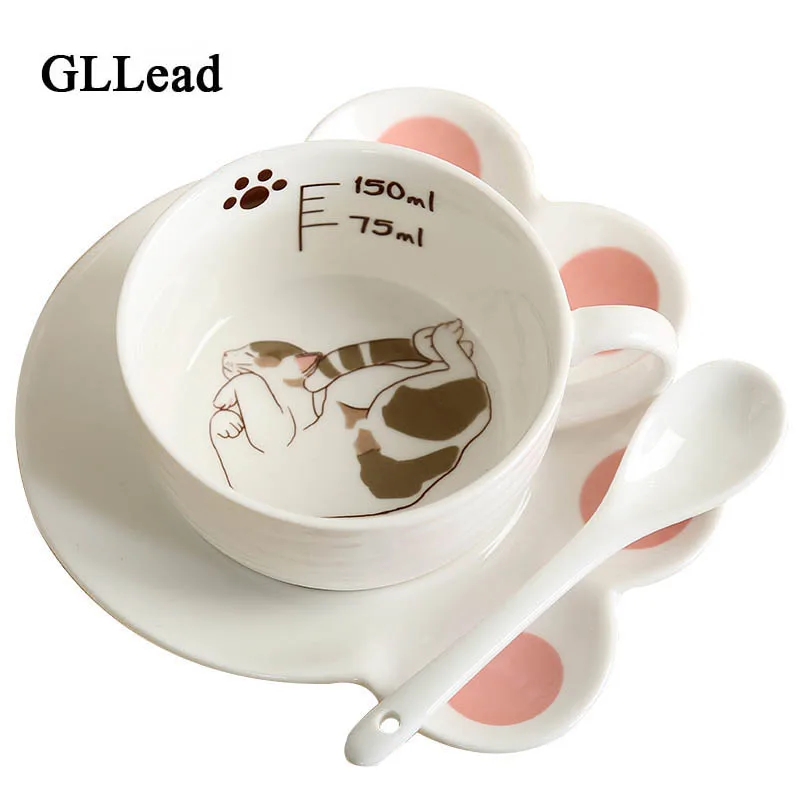 GLLead креативная керамическая кофейная чашка с милым котом и блюдцем, модные чашки для завтрака, молока, 150 мл, чайная чашка, фарфоровый подарок