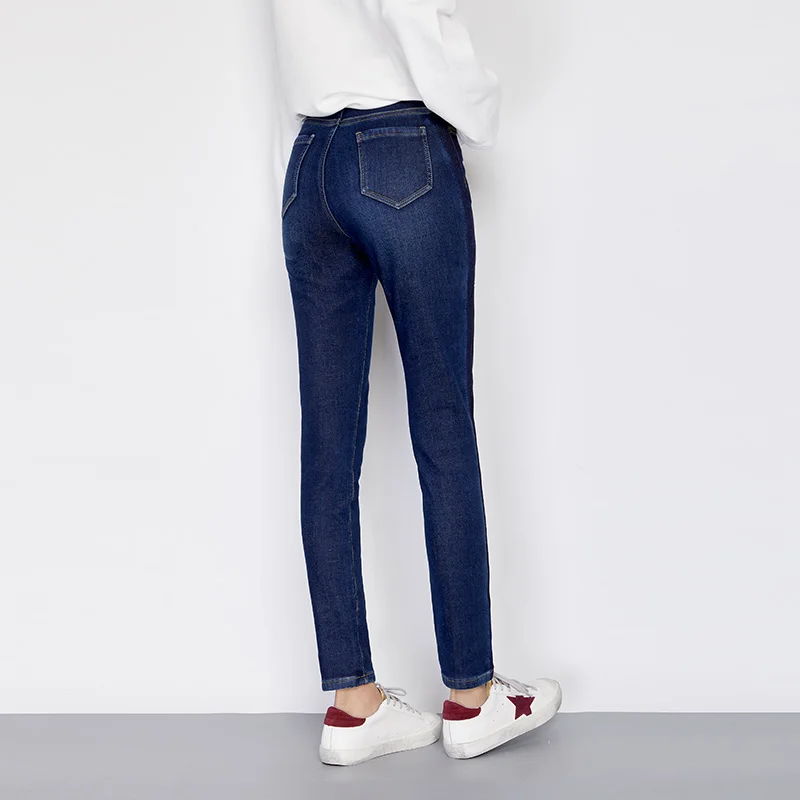 New Winter Thicken Plus Size L Dark Blue High Waist Bleached Full Length Side Shadow Skinny Pencil Jeans Women 7132 |