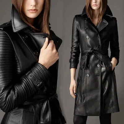 2017 Мода женская Кожаная Куртка Долго Кожаное Пальто Овец Кожи женщин Ветровка