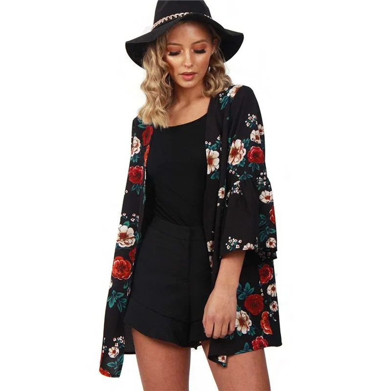 Женская осенне летняя блузка с винтажным цветочным принтом кимоно Boho кардиган