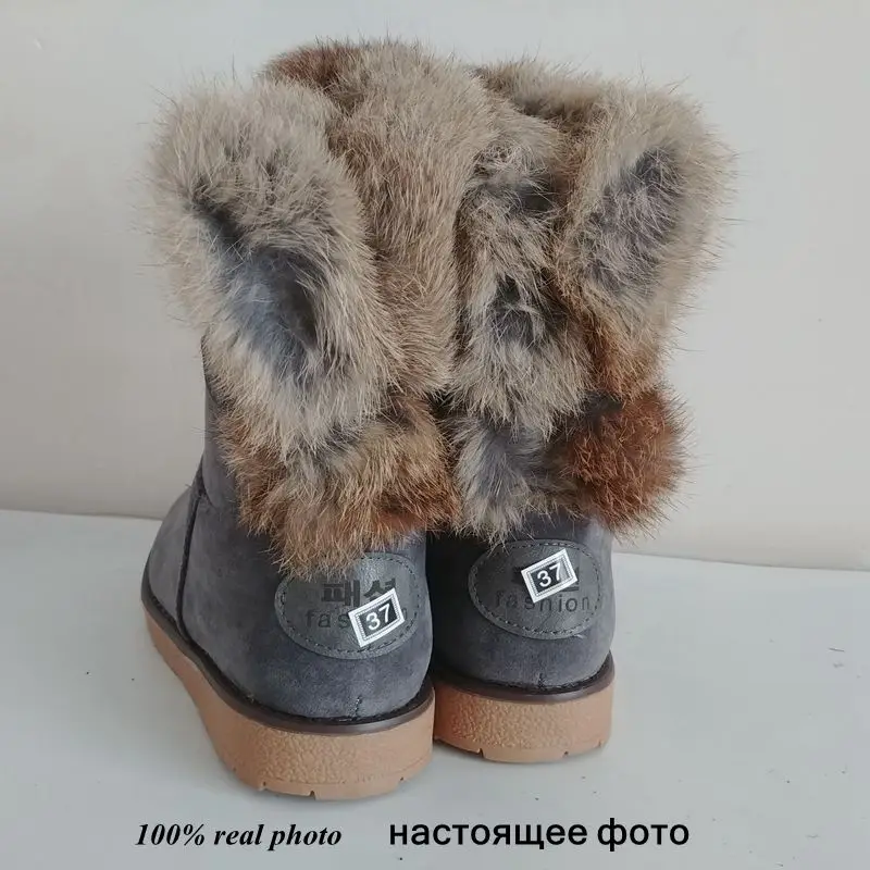 ASILETO snow boots real rabbit fur warm winter shoes ladies ankle boots for women footwear botas bottes feminina S845