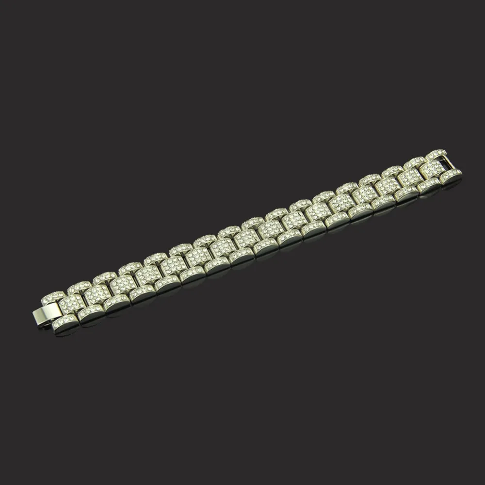 Хип хоп Полный AAA CZ камень инкрустированный Bling Iced Out раппер браслет золотой серебряный цвет часы группа звено цепи браслеты для мужчин ювелирные изделия