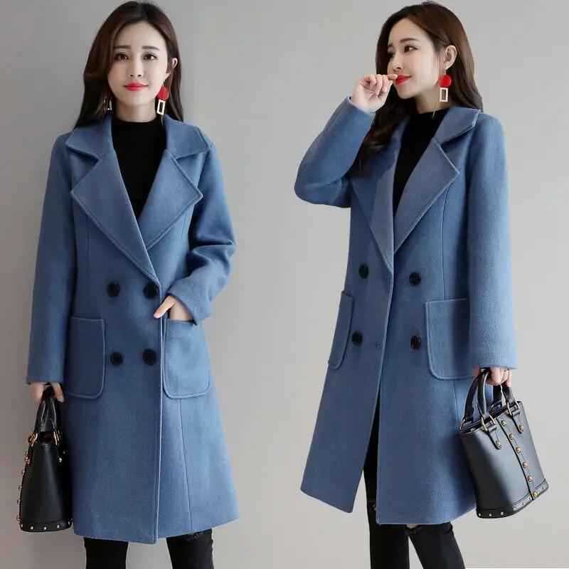 Осенне зимнее шерстяное пальто женская новая двубортная длинная приталенная