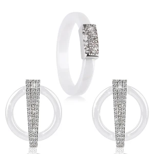 White Set Роскошные Блестящие CZ u-образные серьги-гвоздики, набор колец, модные круглые стразы, керамические кольца, серьги, набор свадебных ювелирных изделий, подарок - Окраска металла: White Set