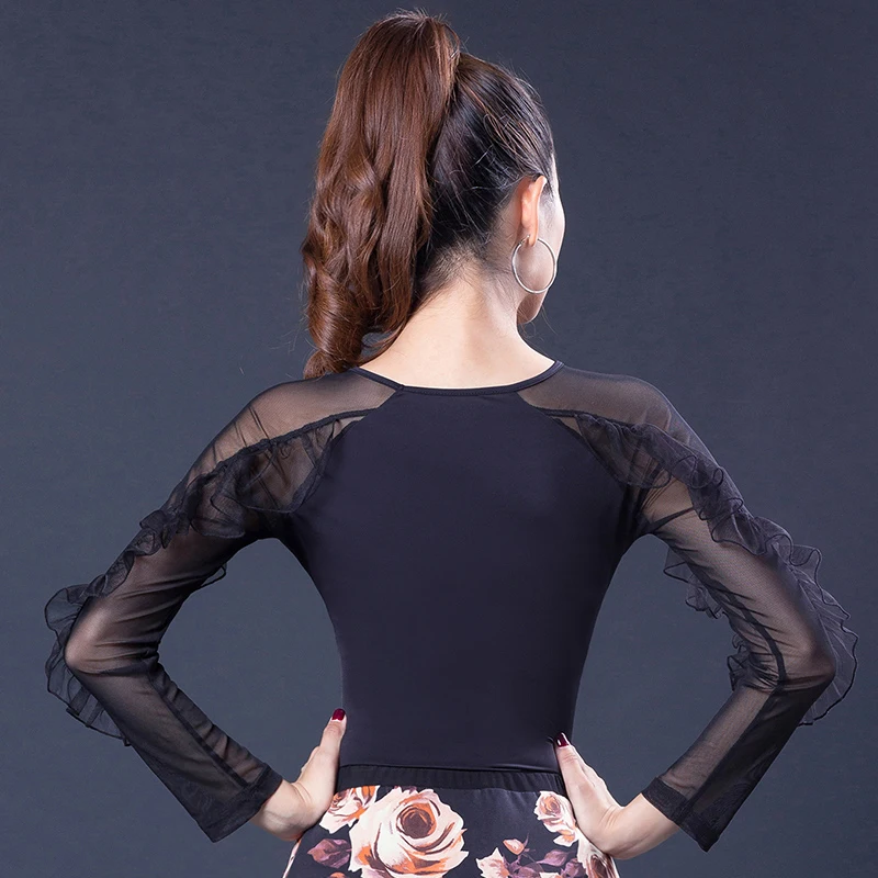 

Balck Latin Dance Tops Women Long-Sleeved Round Neck Ballroom Tango Salsa Dancing Modern Dance Adult Practice Clothes DL3157