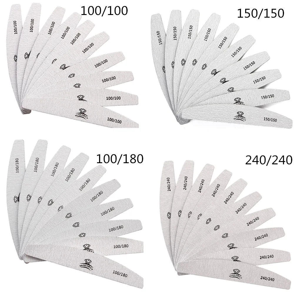 Makartt 100 шт./упак. Zebra пилки для ногтей моющиеся двухсторонние Emery Board 150/150, 100/100 Grit Half moon пилки для ногтей