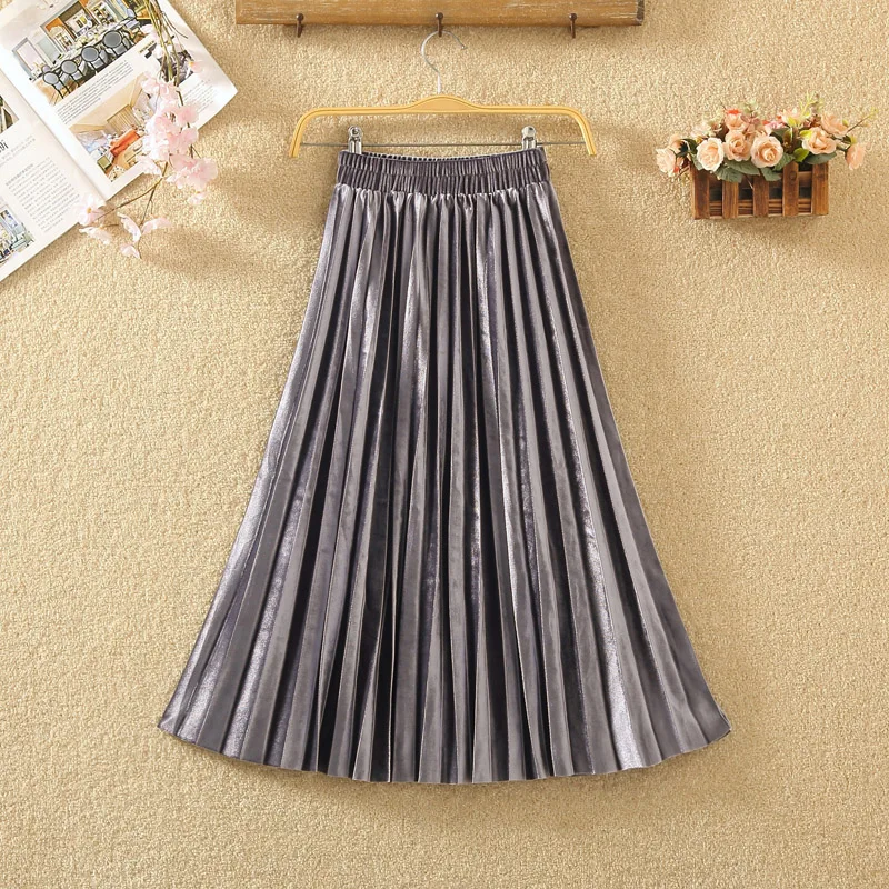 Long Skirts For Women Caual Velvet High Waist Vintage 2019 New Winter Solid A-line Pleated Skirt Petticoat Underskirt | Женская одежда