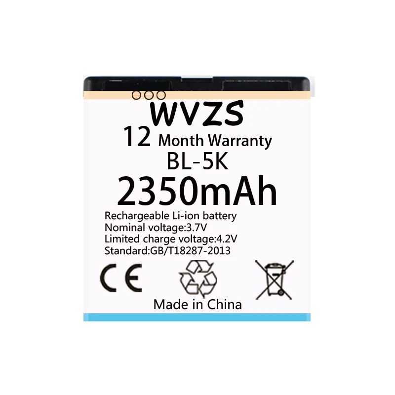 Wvzs 2350 мА/ч литий-ионный аккумулятор Батарея BL-5K для Nokia N85 N86 N87 8MP 701X7X7 00 C7 C7-00S Oro X7-00