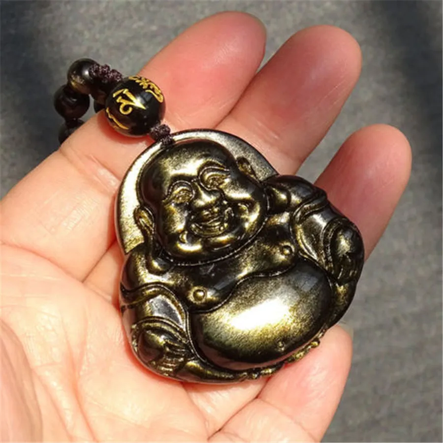 

Цепочка с бусинами для мужчин и женщин, резное ожерелье из натурального золотистого черного обсидиана, Будда Майтрея, кулон с кристаллами н...