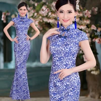 mermaid fish tail long cheongsam blue white porcelain chinese tradition style improved tang suit womens dress plus size qipao