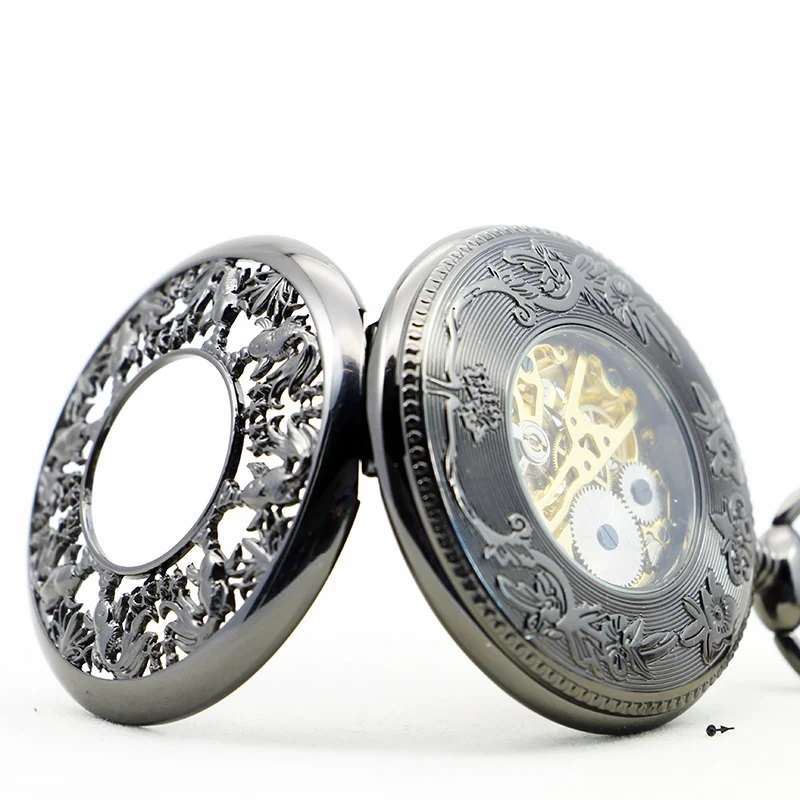 Deluxe Pet Fish Embossed Mechanical Pocket Watch Black Retro Steampunk Manual Chain Necklace Pendant Accessory Clock Gift