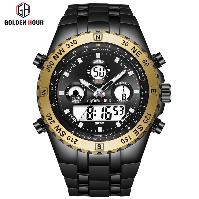 Reloj GOLDENHOUR мужские часы Quarzt цифровые с двойным дисплеем наручные светящиеся Relogio