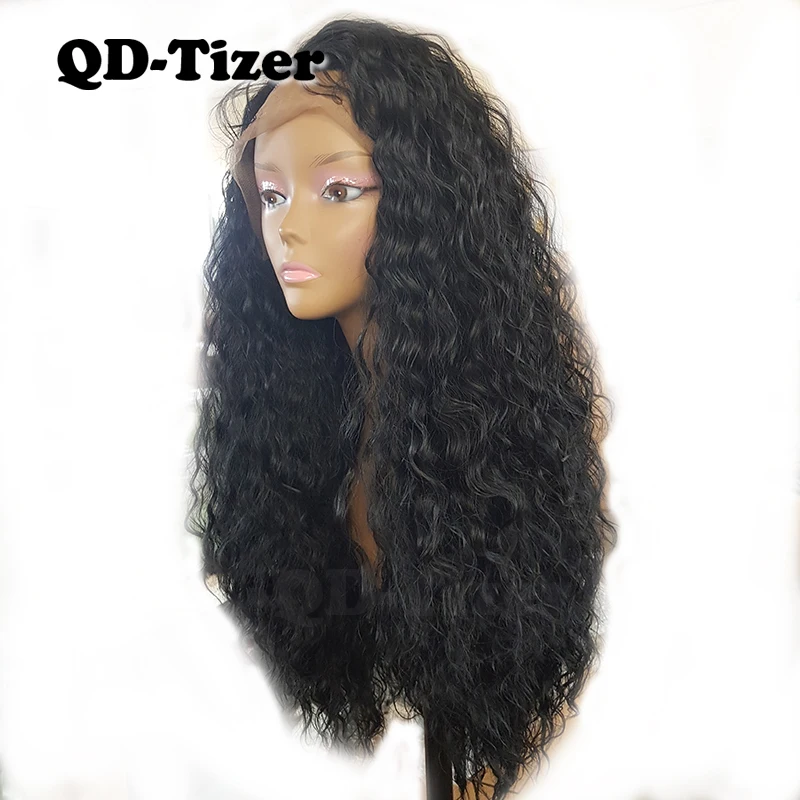 QD-Tizer Loose Curl Front Lace Wigs Synthetic Lace Wig Black Color Hair 180% Heat Resistant fiber