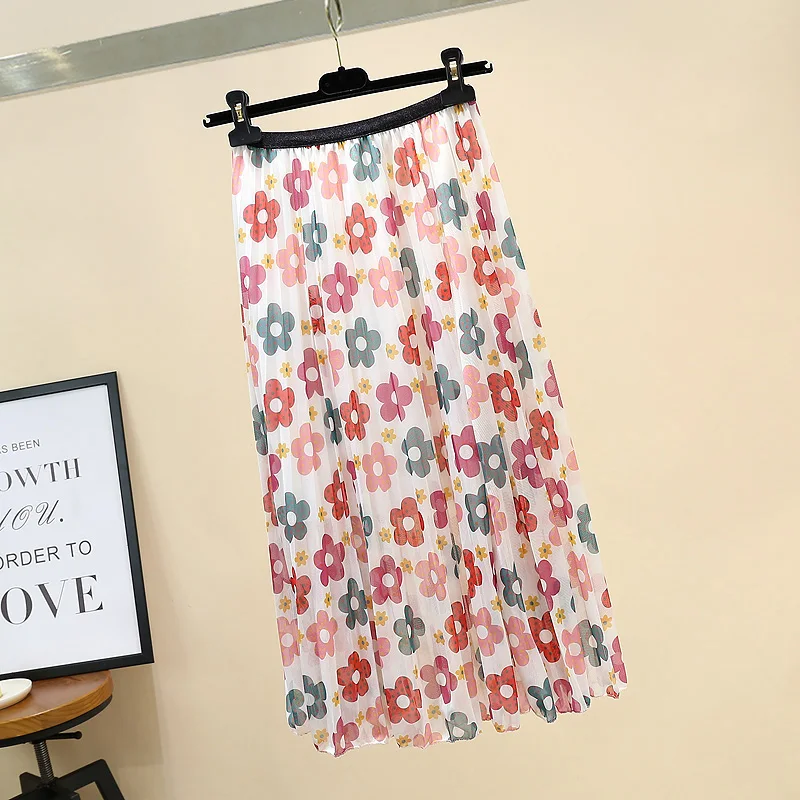 Summer Sweet Flower Print Midi Skirt Women High Waist Pleated Skirt Sunflower Holiday Chiffon Mid-Calf A-Line Skirts