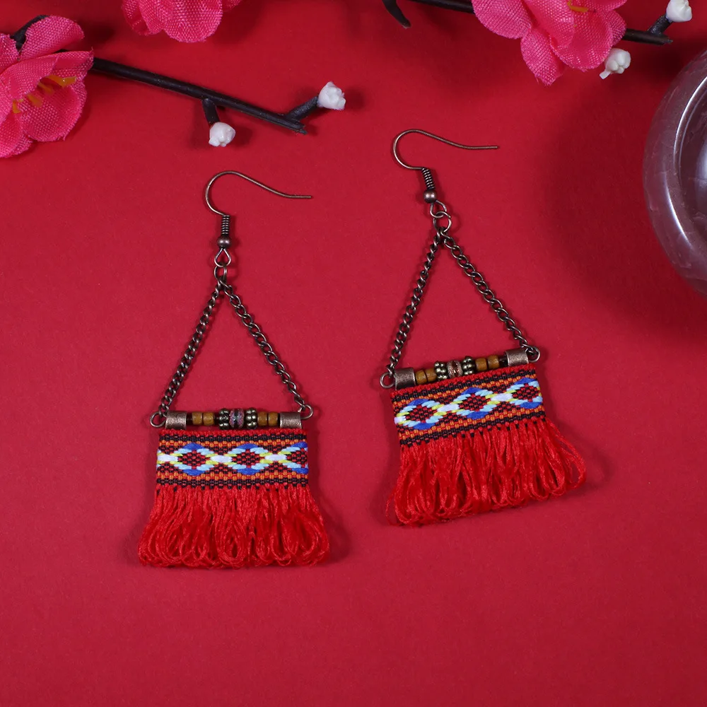 HC Vintage Wooden Bead Tassel Earring Fashion Triangle Pendant Boho Earrings Women Ethnic Style Jewelry Bohemian Drop F | Украшения и