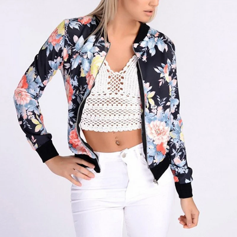 

Fashion Women Jacket Long Sleeve Zipped Colorful Flowers Printed Outwear Autumn Winter Ladies Girls Casual Coat H8