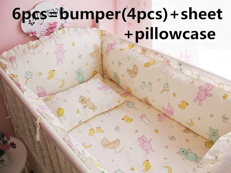 

6PCS Baby cot bedding sets kit berço cotton bedclothes Cartoon crib bedding set Baby Bed Decor(4bumpers+sheet+pillow cover)