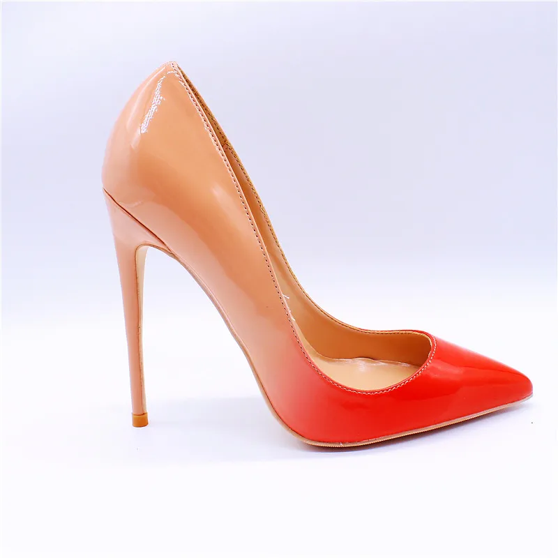 12cm Heels Veowalk; градиентные женские туфли телесного и красного цвета на очень высоких каблуках с острым носком; элегантные женские модные туфли-лодочки на шпильке; свадебные туфли без застежки - Цвет: 12cm Heels