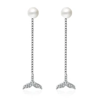 creative fashion exquisite mermaid tail silver plated jewelry pearl long tassel fish tail crystal dangle earrings xze269