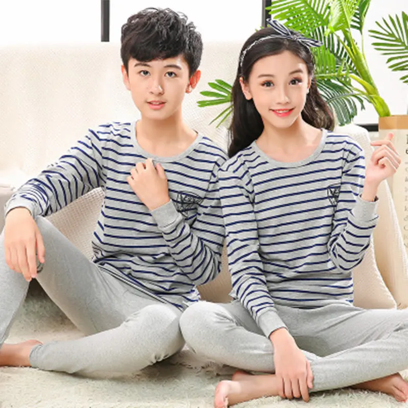 Gray stripe Детская одежда хлопковый костюм Qiuyi Qiuku для больших детей детские блузки с круглым вырезом для мальчиков и девочек, пижамы из двух предметов - Цвет: Gray stripe