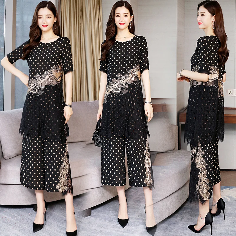 

Goddess 2 Piece Set Women Polka Dot Women's Summer Suit Wave Point Two Piece Set Top And Pants Year-old Female Costume